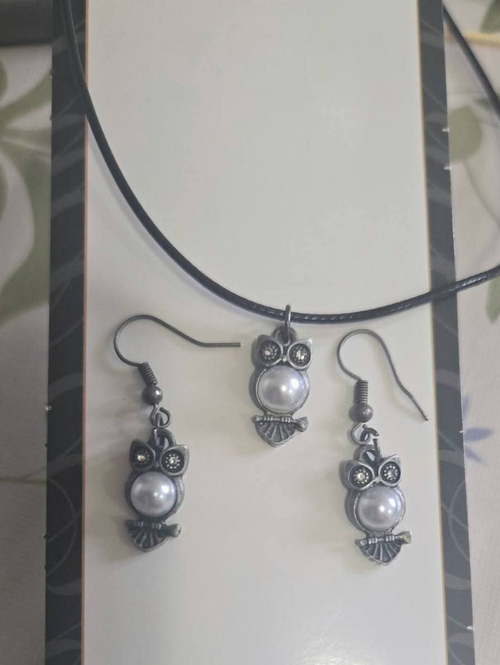 Silver-Tone Owl Pearl Pendant Necklace and Earring Set